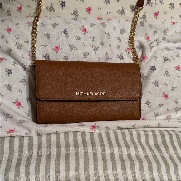 Michael Kors Handbags - Michael Kors Brown Saffiano Crossbody Wallet with Gold Chain